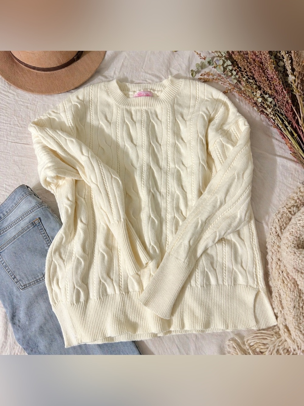 Pink Lily Soft Cream Cable Knit Sweater- Size S